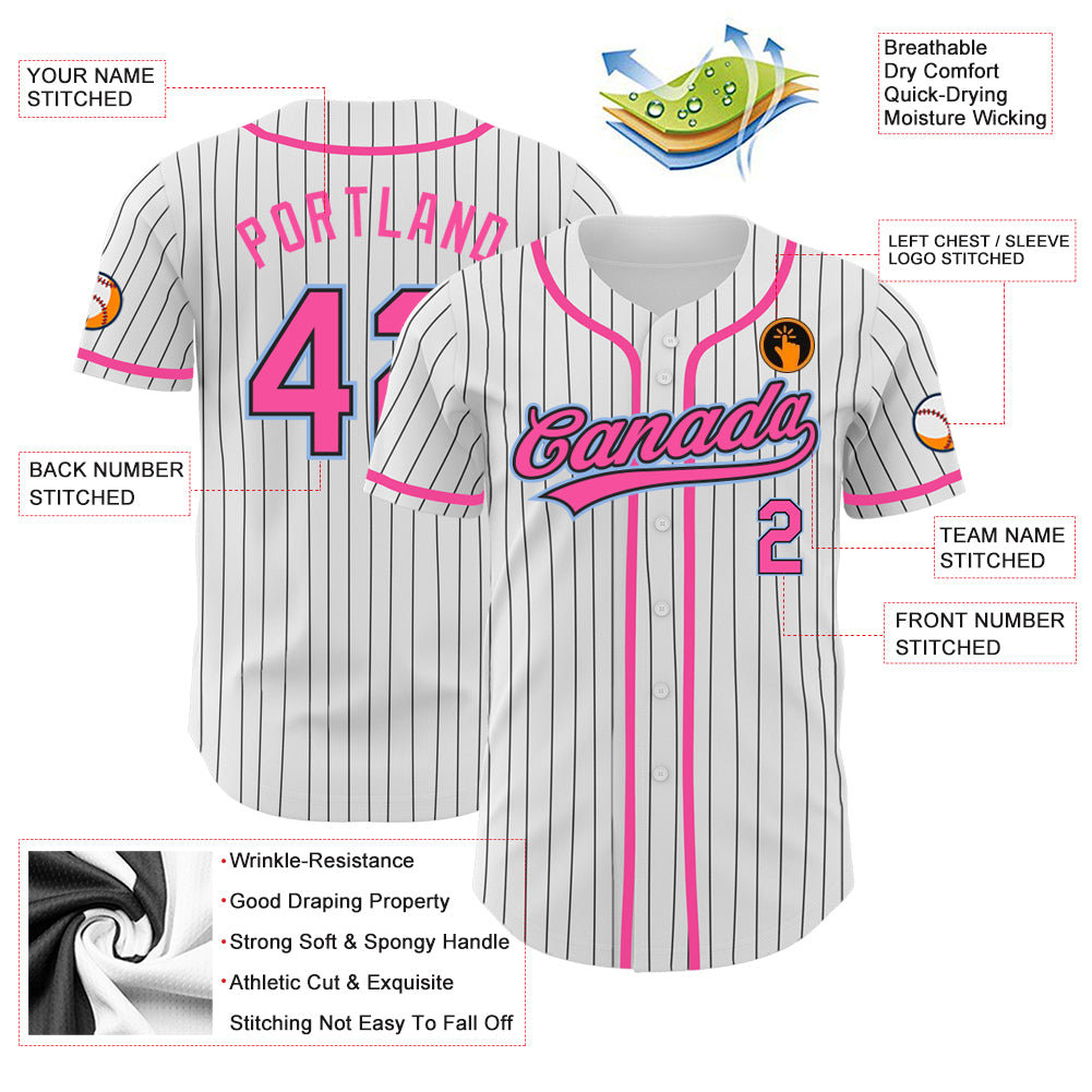 Custom Baseball Jersey Black White Pinstripe Pink-Light Blue Authentic Men's Size:3XL