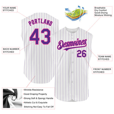 Custom White Purple Pinstripe Pink Authentic Sleeveless Baseball Jersey