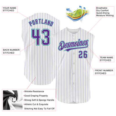 Custom White Purple Pinstripe Teal Authentic Sleeveless Baseball Jersey