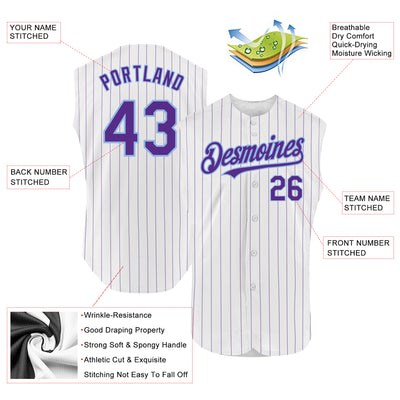 Custom White Purple Pinstripe Light Blue Authentic Sleeveless Baseball Jersey