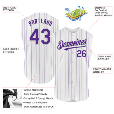 Custom White Purple Pinstripe Gray Authentic Sleeveless Baseball Jersey