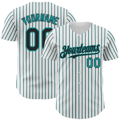 Custom White (Black Teal Pinstripe) Black-Teal Authentic Baseball Jersey