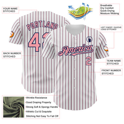 Custom White (Navy Medium Pink Pinstripe) Medium Pink-Navy Authentic Baseball Jersey