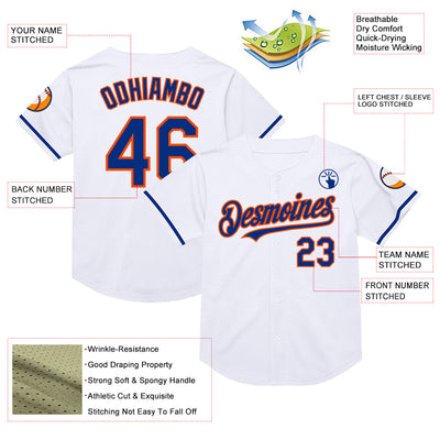 Custom White Royal-Orange Mesh Authentic Throwback Baseball Jersey