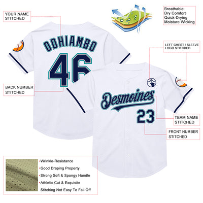 Custom White Navy Gray-Teal Mesh Authentic Throwback Baseball Jersey