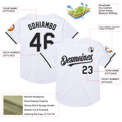 Custom White Black-Gray Mesh Authentic Throwback Baseball Jersey