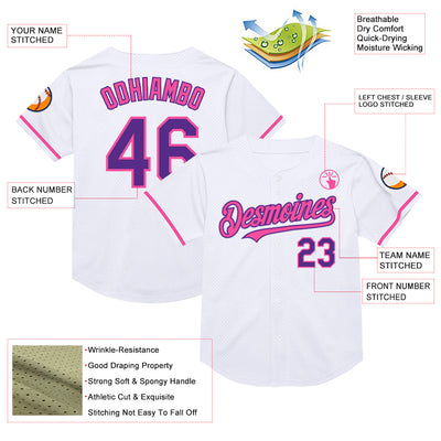 Custom White Purple-Pink Mesh Authentic Throwback Baseball Jersey