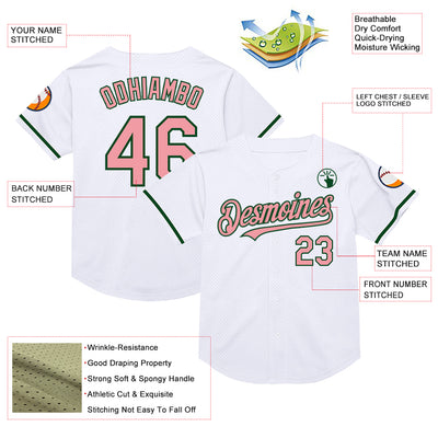 Custom White Medium Pink-Green Mesh Authentic Throwback Baseball Jersey