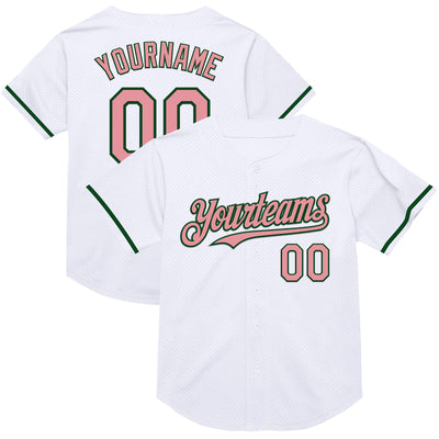 Custom White Medium Pink-Green Mesh Authentic Throwback Baseball Jersey