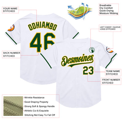 Custom White Green-Gold Mesh Authentic Throwback Baseball Jersey