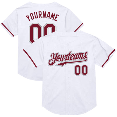 Custom White Crimson-Gray Mesh Authentic Throwback Baseball Jersey