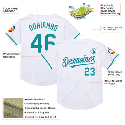 Custom White Teal Mesh Authentic Throwback Baseball Jersey