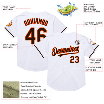 Custom White Brown-Orange Mesh Authentic Throwback Baseball Jersey