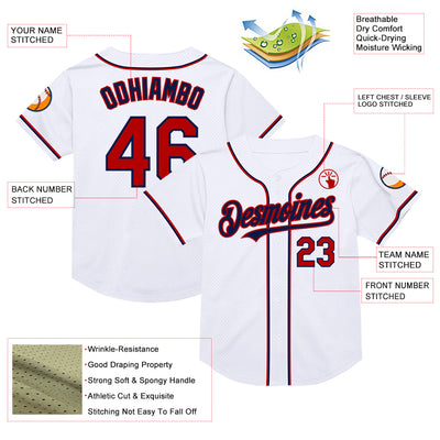 Custom White Red-Navy Mesh Authentic Throwback Baseball Jersey