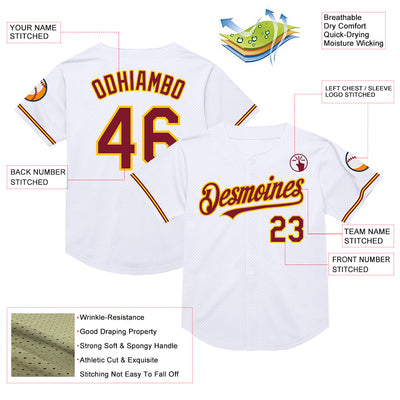 Custom White Crimson-Yellow Mesh Authentic Throwback Baseball Jersey