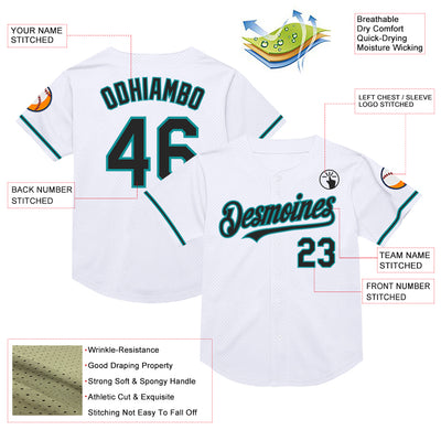 Custom White Black-Teal Mesh Authentic Throwback Baseball Jersey