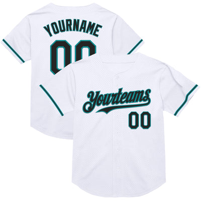 Custom White Black-Teal Mesh Authentic Throwback Baseball Jersey