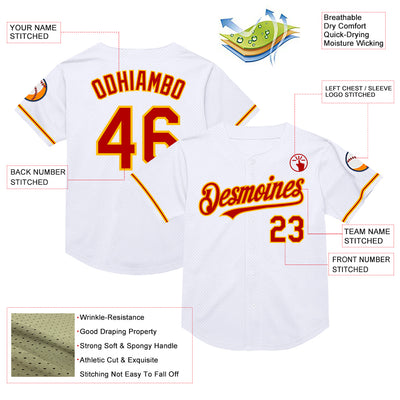 Custom White Red-Gold Mesh Authentic Throwback Baseball Jersey