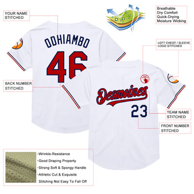 Custom White Red-Navy Mesh Authentic Throwback Baseball Jersey