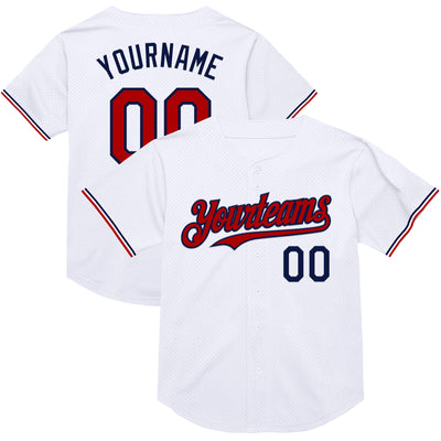 Custom White Red-Navy Mesh Authentic Throwback Baseball Jersey