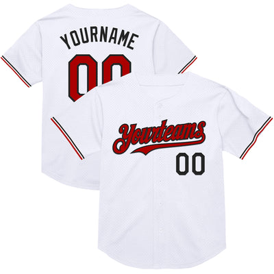 Custom White Red-Black Mesh Authentic Throwback Baseball Jersey