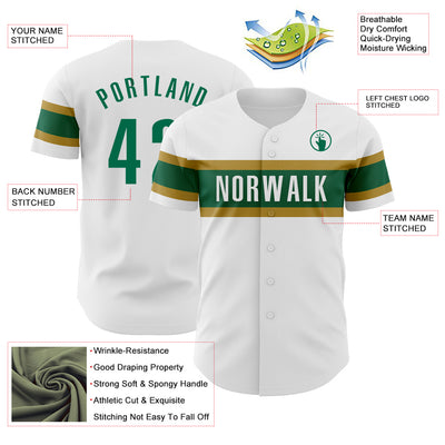 Custom White Kelly Green-Old Gold Authentic Baseball Jersey