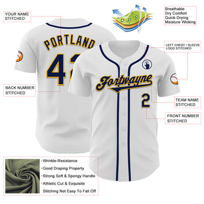 Custom White Navy-Gold Authentic Baseball Jersey