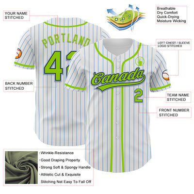 Custom White Light Blue Pinstripe Neon Green-Black Authentic Baseball Jersey