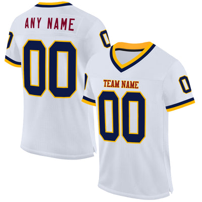 Custom White Navy Gold-Maroon Mesh Authentic Throwback Football Jersey