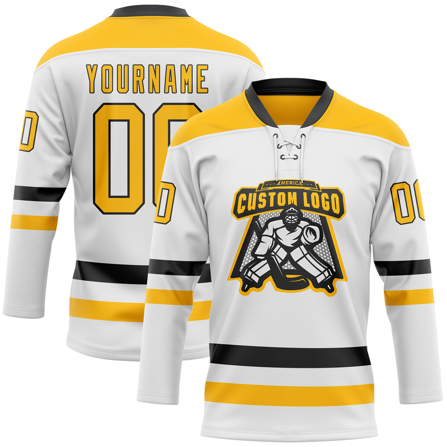 Custom White Gold-Black Hockey Lace Neck Jersey