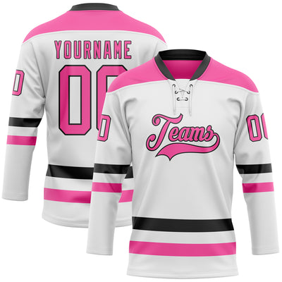 Custom White Pink-Black Hockey Lace Neck Jersey