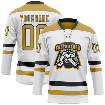 Custom White Old Gold-Black Hockey Lace Neck Jersey