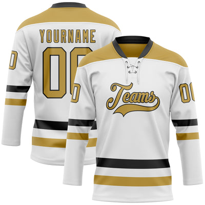 Custom White Old Gold-Black Hockey Lace Neck Jersey