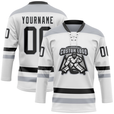 Custom White Black-Gray Hockey Lace Neck Jersey