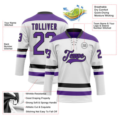 Custom White Purple-Black Hockey Lace Neck Jersey