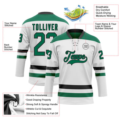 Custom White Kelly Green-Black Hockey Lace Neck Jersey