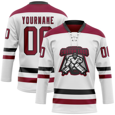 Custom White Maroon-Black Hockey Lace Neck Jersey