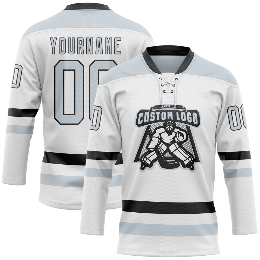 Custom White Silver-Black Hockey Lace Neck Jersey