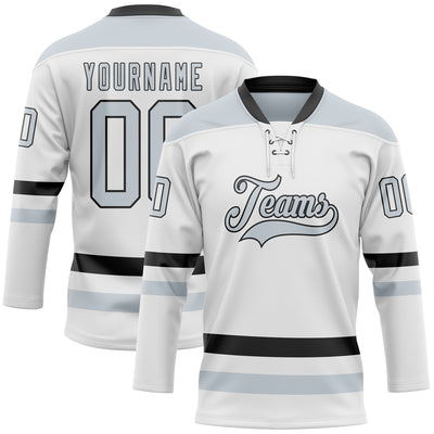 Custom White Silver-Black Hockey Lace Neck Jersey