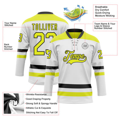 Custom White Neon Yellow-Black Hockey Lace Neck Jersey