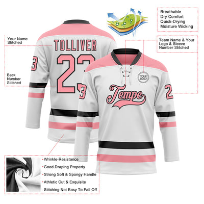 Custom White Medium Pink-Black Hockey Lace Neck Jersey