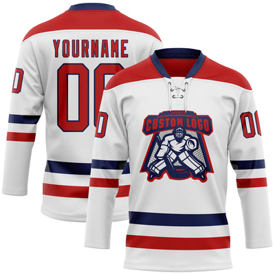 Custom White Red-Navy Hockey Lace Neck Jersey