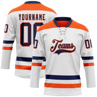 Custom White Navy-Orange Hockey Lace Neck Jersey