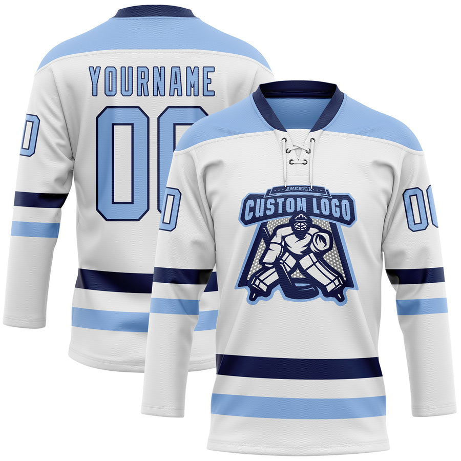 Custom White Light Blue-Navy Hockey Lace Neck Jersey