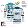 Custom White Teal-Navy Hockey Lace Neck Jersey