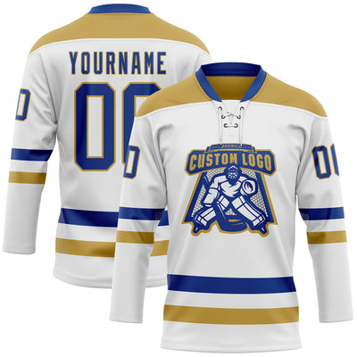 Custom White Royal-Old Gold Hockey Lace Neck Jersey