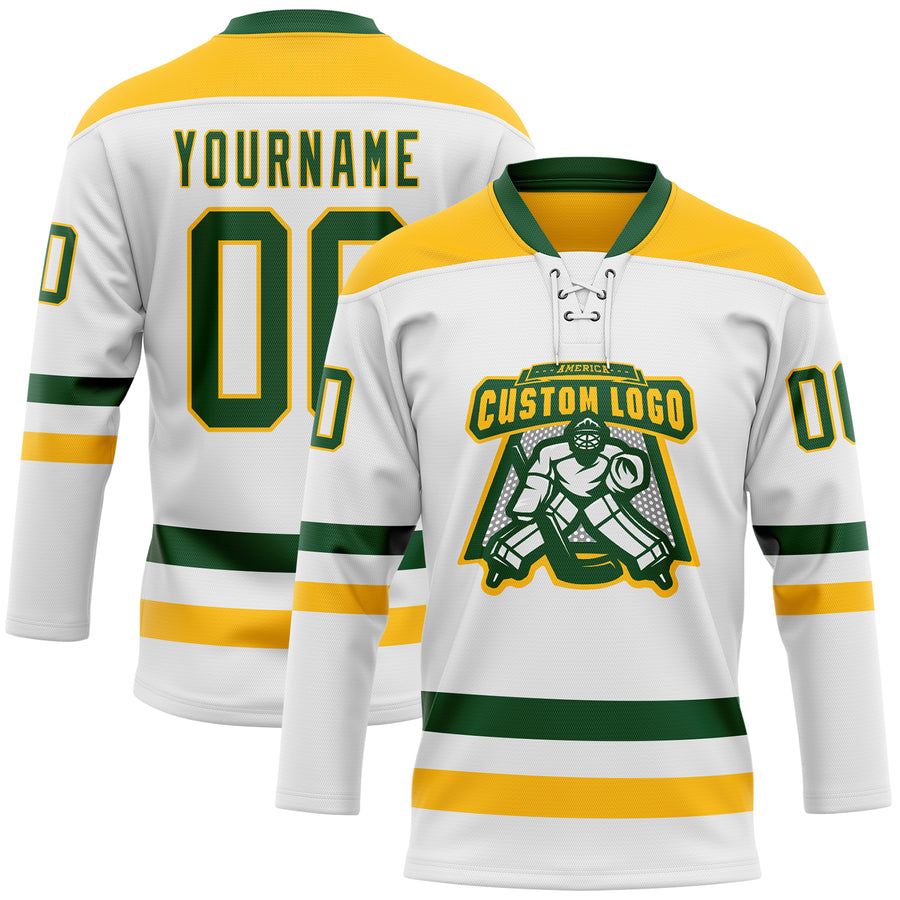 Custom White Green-Gold Hockey Lace Neck Jersey