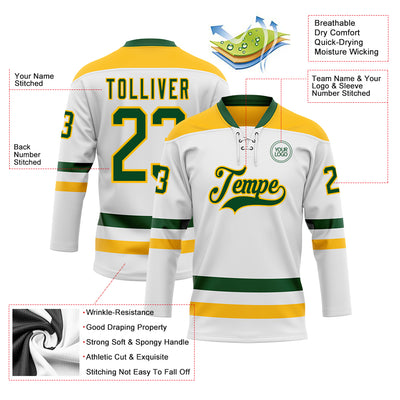 Custom White Green-Gold Hockey Lace Neck Jersey