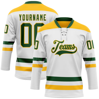 Custom White Green-Gold Hockey Lace Neck Jersey