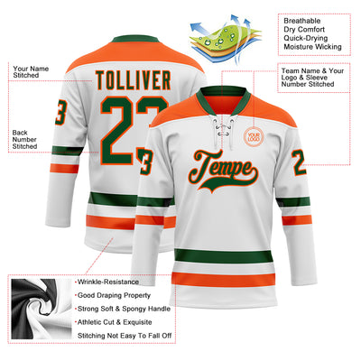 Custom White Green-Orange Hockey Lace Neck Jersey